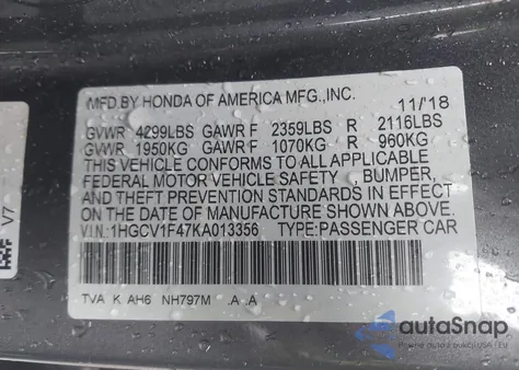 2019 Honda Accord Ex из США, поврежденный, VIN 1HGCV1F47KA013356